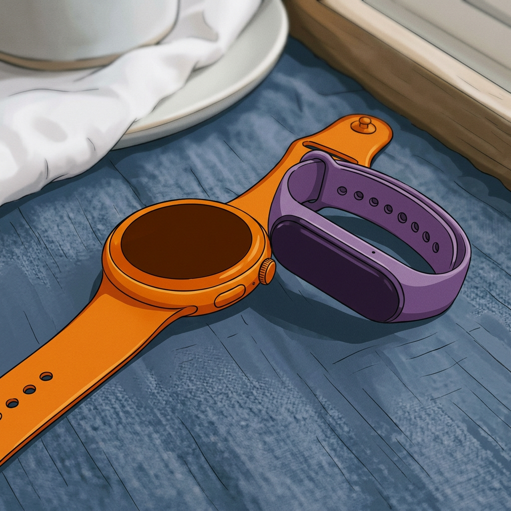 Smartwatch and purple fitness tracker on blue fabric beside a coffee cup